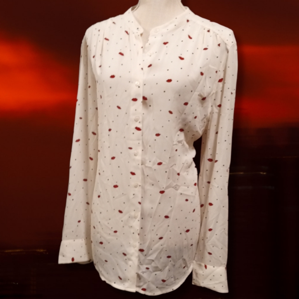 💋❤️Ivory, Red and Black Polka Dot L/Sleeve Button Down by Faded Glory Sz Xl